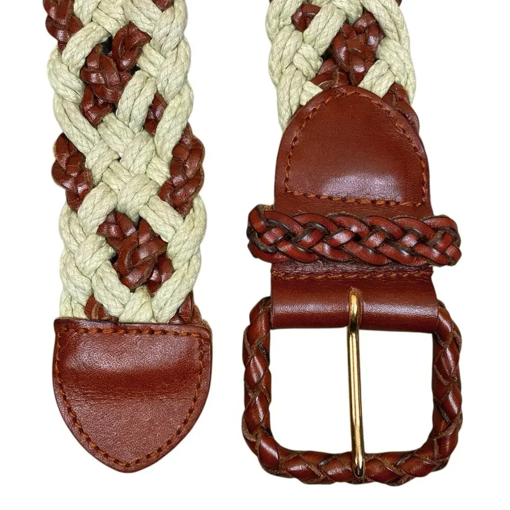 Vintage Fossil Leather Braided Wide Belt Size S Cream Brown Boho